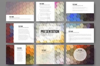 Set of 9 templates for presentation slides. Colorful geometric backgrounds, abstract hexagonal vector patterns.