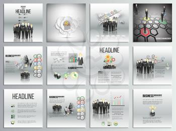 Set of 12 creative cards, square brochure template design, business backgrounds set. Team standing over gray background with timeline and world map. Vector infographic templates for your design.