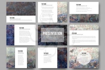 Set of 9 templates for presentation slides. Graffiti wall. Collection of abstract multicolored backgrounds. Geometrical patterns. Triangular and hexagonal style vector.