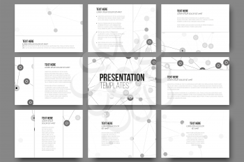 Set of 9 templates for presentation slides. Molecule structure, white science backgrounds for communication, vector illustration