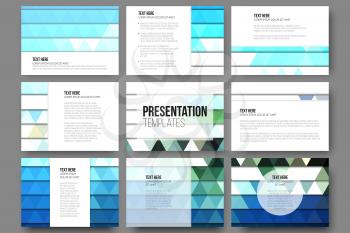 Set of 9 templates for presentation slides. Abstract blue backgrounds. Triangle design vectors.