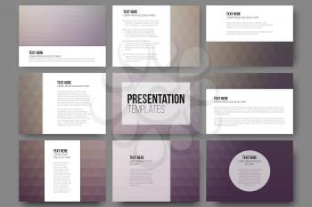 Set of 9 templates for presentation slides. Abstract violet backgrounds. Triangle design vectors.