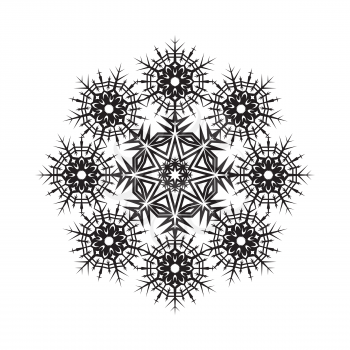 Round ornamental vector shape, black pattern of snowflake isolated on white.