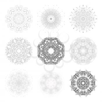 Set of round vector shapes, molecular and technical constructions with connected lines and dots, scientific or digital design patterns isolated on white