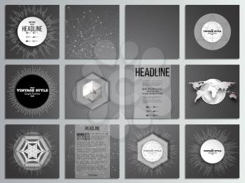 Set of 12 creative cards, square brochure template design. Dark design, textured vector background.