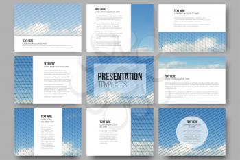 Set of 9 templates for presentation slides. Blue cloudy sky. Collection of abstract multicolored backgrounds. Natural geometrical patterns. Triangular and hexagonal style vector illustration.