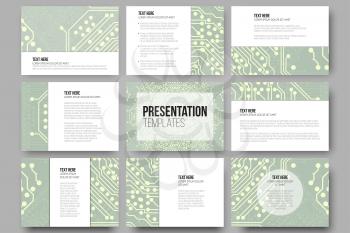 Set of 9 templates for presentation slides. Microchip backgrounds, electrical circuits backdrops. Business patterns, science vector design.