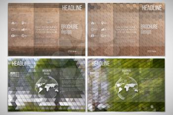 Vector set of tri-fold brochure design template on both sides with world globe element. Park landscape. Abstract multicolored backgrounds. Natural geometrical patterns. Triangular and hexagonal style.
