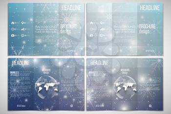 Vector set of tri-fold brochure design template on both sides with world globe element. Blue abstract winter background. Christmas vector style with snowflakes.