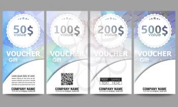Set of modern gift voucher templates. Blue abstract winter background. Christmas vector style with snowflakes.