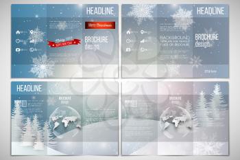 Vector set of tri-fold brochure design template on both sides with world globe element. Merry Christmas and happy New Year vector background.