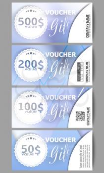 Set of modern gift voucher templates. Winter design, abstract blue background.
