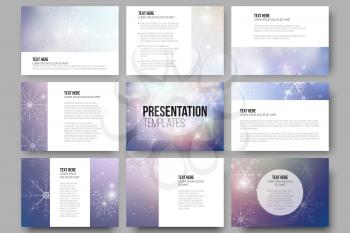 Set of 9 vector templates for presentation slides. Blue abstract winter background. Christmas vector style with snowflakes. 