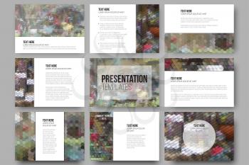 Set of 9 templates for presentation slides. Abstract multicolored backgrounds. Geometrical patterns. Triangular and hexagonal style.