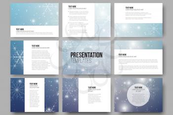 Set of 9 vector templates for presentation slides. Blue abstract winter background. Christmas vector style with snowflakes. 