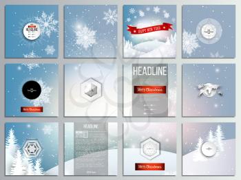 Set of 12 creative cards, square brochure template design. Christmas greeting card. Merry Xmas and happy new year vector background.