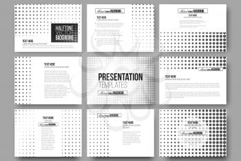 Set of 9 vector templates for presentation slides. Halftone vector background. Abstract halftone effect with black dots on white background.