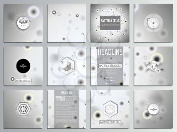 Set of 12 creative cards, square brochure template design. Molecular research, illustration of cells in gray, science vector background.