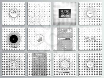 Set of 12 creative cards, square brochure template design. Halftone vector background. Abstract halftone effect with black dots on white background.
