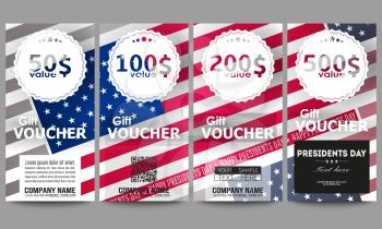Set of modern gift voucher templates. Presidents day background with american flag, abstract vector illustration.