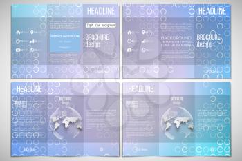 Vector set of tri-fold brochure design template on both sides with world globe element. Abstract white circles on light blue background, vector illustration.