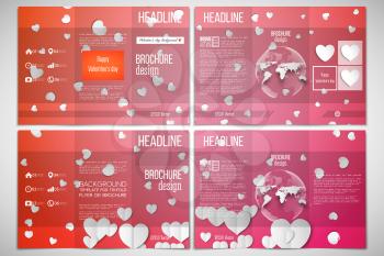 Vector set of tri-fold brochure design template on both sides with world globe element. White paper hearts, red vector background, Valentines day decoration.