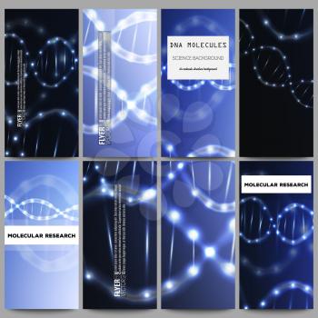 Set of modern vector flyers. DNA molecule structure on dark blue background. Science vector background.