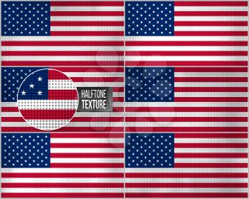 Set of american flags in dirty retro style with abstract halftone effect.