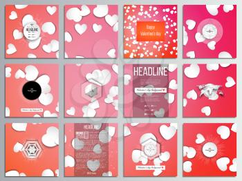 Set of 12 creative cards, square brochure template design. White paper hearts, red vector background, Valentines day decoration.