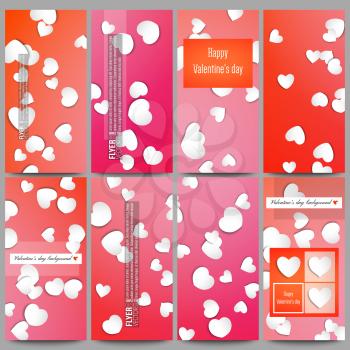 Set of modern vector flyers.  White paper hearts, red vector background for Valentines day