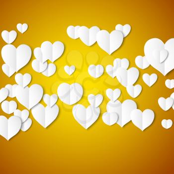 White paper hearts, Valentines day card on yellow background, vector illustration.