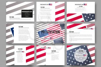 Set of 9 vector templates for presentation slides. Presidents day background with american flag, abstract vector illustration