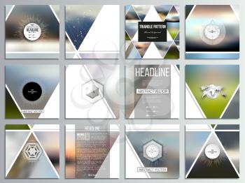 Set of 12 creative cards, square brochure template design. Abstract multicolored background of blurred nature landscapes, geometric vector, triangular style illustration.