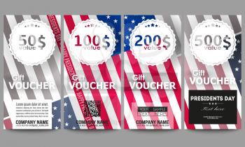 Set of modern gift voucher templates. Presidents day background with american flag, abstract vector illustration.
