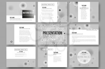 Set of 9 vector templates for presentation slides. Molecular research, illustration of cells in gray, science vector background.