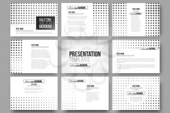 Set of 9 vector templates for presentation slides. Halftone vector background. Abstract halftone effect with black dots on white background.