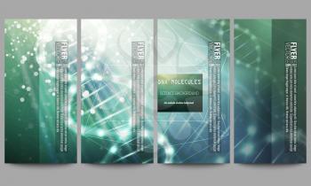 Set of modern vector flyers. DNA molecule structure on dark green background. Science vector background.