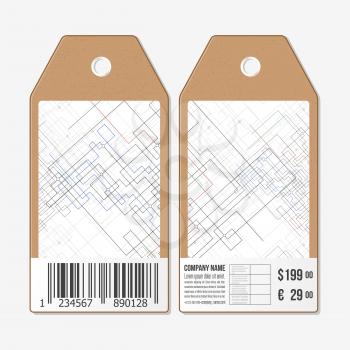 Vector tags design on both sides, cardboard sale labels with barcode. Abstract vector background.  Technical construction with connected lines and dots.