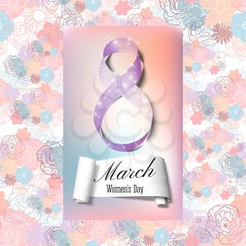Greeting card for 8 March with banner and symbol of violet ribbon. International Women's Day. Floral vector design.