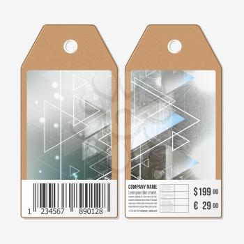 Vector tags design on both sides, cardboard sale labels with barcode. Abstract blurred vector background with triangles, lines and dots.