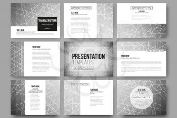 Set of 9 vector templates for presentation slides. Sacred geometry, triangle design gray background. Abstract vector illustration.