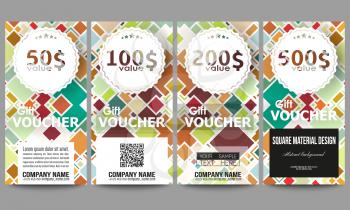 Set of modern gift voucher templates. Material Design. Colored vector background.