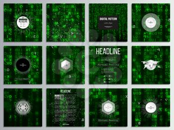 Set of 12 creative cards, square brochure template design. Virtual reality, abstract technology background with green symbols, vector illustration.