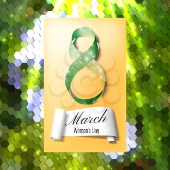 Greeting card for 8 March with banner and symbol of green ribbon. International Womens Day. Polygonal vector design.