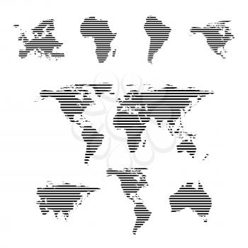 Black linear symbols set, world maps on white, vector illustration.