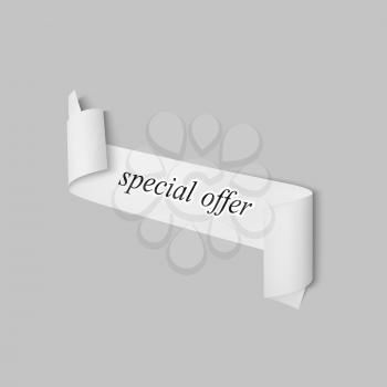 Special offer sign, paper banner, vector ribbon with shadow isolated on gray.