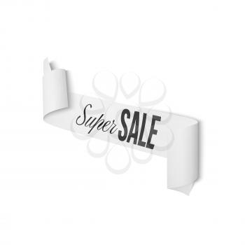 White sale sign, gray paper banner, vector ribbon with shadow isolated on white.
