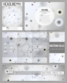 Set of business templates for presentation, brochure, flyer or booklet. Molecular research, illustration of cells in gray, science vector background.