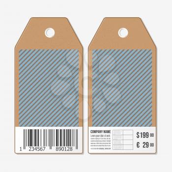 Vector tags design on both sides, cardboard sale labels with barcode. Vintage design, lines vector background.