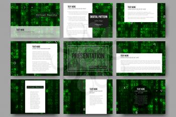 Set of 9 vector templates for presentation slides. Virtual reality, abstract technology background with green symbols, vector illustration.